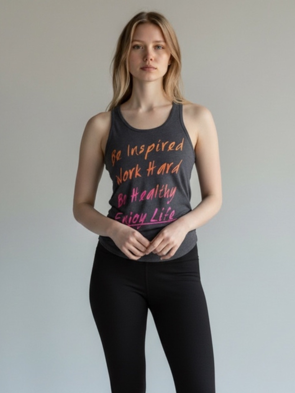 CHIN UP Be Inspired Work Hard Gray Graphic Racerback Tank Top Size Small